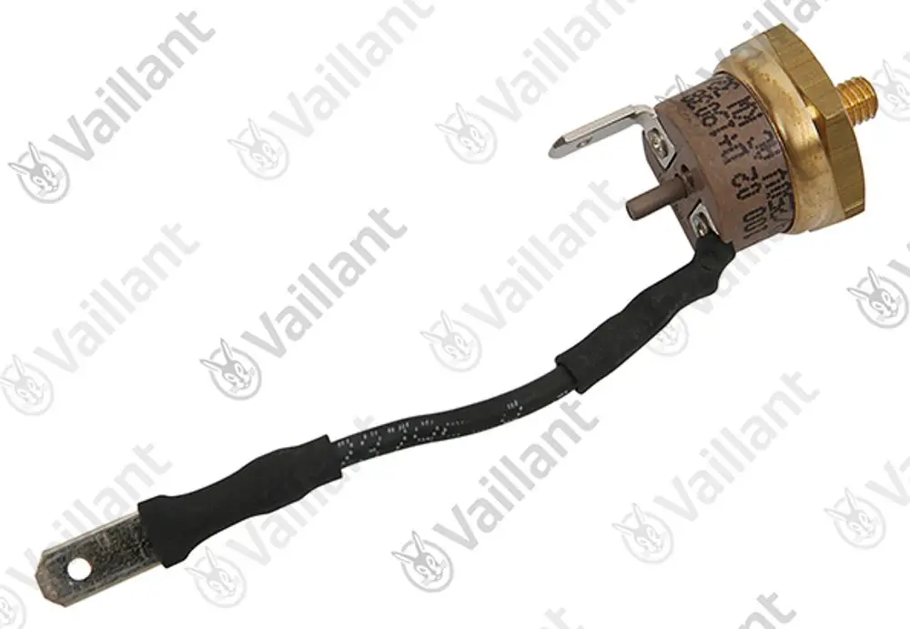 Vaillant Sicherheitstemperaturbegrenzer mit einer Kupferbasis und einem Elektrokabel, das an verschiedenen Anschlüssen befestigt ist. Die Beschriftungen sind auf dem Produkt sichtbar.